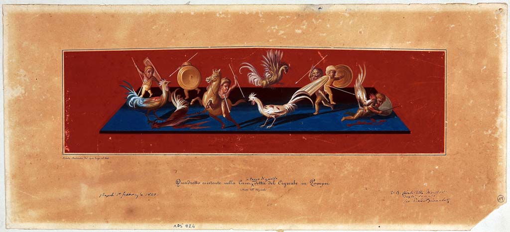 VIII.3.14 Pompeii. Painting by Michele Mastracchio, 1840, showing one of the atrium predellas, now completely faded.
See Helbig, W., 1868. Wandgemälde der vom Vesuv verschütteten Städte Campaniens. Leipzig: Breitkopf und Härtel, (1529).
Now in Naples Archaeological Museum. Inventory number ADS 824.
Photo © ICCD. http://www.catalogo.beniculturali.it
Utilizzabili alle condizioni della licenza Attribuzione - Non commerciale - Condividi allo stesso modo 2.5 Italia (CC BY-NC-SA 2.5 IT)