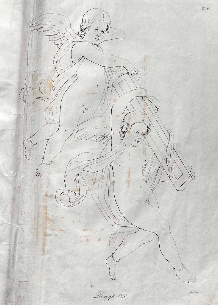 VIII.3.14 Pompeii. April 1840. Drawing by Zahn of two cupids carrying the quiver of Apollo.
According to Zahn this was discovered in a house behind the Casa del Cignale, which would seem to mean this one, but location in the house not mentioned.
The base of the wall was yellow, the draperies white, yellow-red in the shadowy part, the rings on the feet coloured gold, the quiver the colour of wood.
See Zahn, W., 1842-44. Die schönsten Ornamente und merkwürdigsten Gemälde aus Pompeji, Herkulanum und Stabiae: II. Berlin: Reimer, taf. 2.