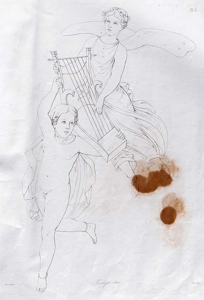 VIII.3.14 Pompeii. April 1840. Drawing by Zahn of a Cupid and Psyche, carrying the lyre of Apollo
According to Zahn this was discovered in a house behind the Casa del Cignale, which would seem to mean this one, but location in the house not mentioned.
This group was painted on a yellow background, the clothing of Cupid was blue, that of Psyche was a sort of greenish-yellow, her wings were violet, the rings on the feet were coloured gold, the lyre was coloured brown (of wood).
See Zahn, W., 1842-44. Die schönsten Ornamente und merkwürdigsten Gemälde aus Pompeji, Herkulanum und Stabiae: II. Berlin: Reimer, taf. 11.