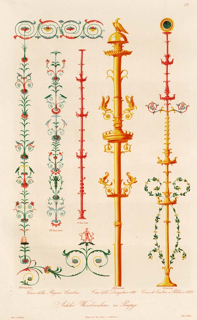 VIII.3.14 Pompeii. Pre-1849. Painting of wall decoration from various places in Pompeii.
On the left, painted decorations from this house.
Candelabra, in centre, from Casa della Danzatrice, excavated 1811.
Candelabra, on right, from VI.9.6/7, excavated 1828.
See Zahn W., 1849. Ornamente aller klassischen Kunst-Epochen nach den Originalen in ihren eigenthümlichen Farben. Berlin: Reimer, Taf. 79.