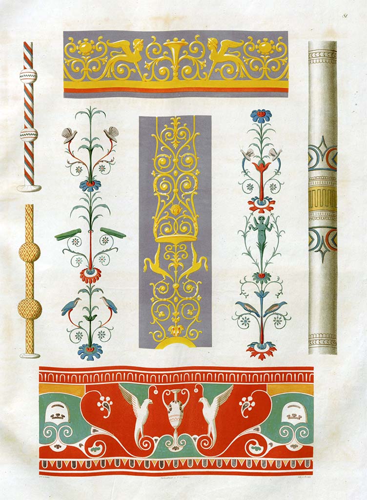 VIII.3.14 Pompeii. Pre-1828. Paintings by Zahn, according to him –
The two decorations with different colours, see Pl.57 and an entire wall in Pl. 89 are from this house.
The two decorations on the blue background are from VI.1.7.
The bottom decorations are in Naples Museum.
The columns are from near the Herculaneum Gate.
See Zahn, W., 1828. Die schönsten Ornamente und merkwürdigsten Gemälde aus Pompeji, Herkulanum und Stabiae: I. Berlin: Reimer, taf. 81.