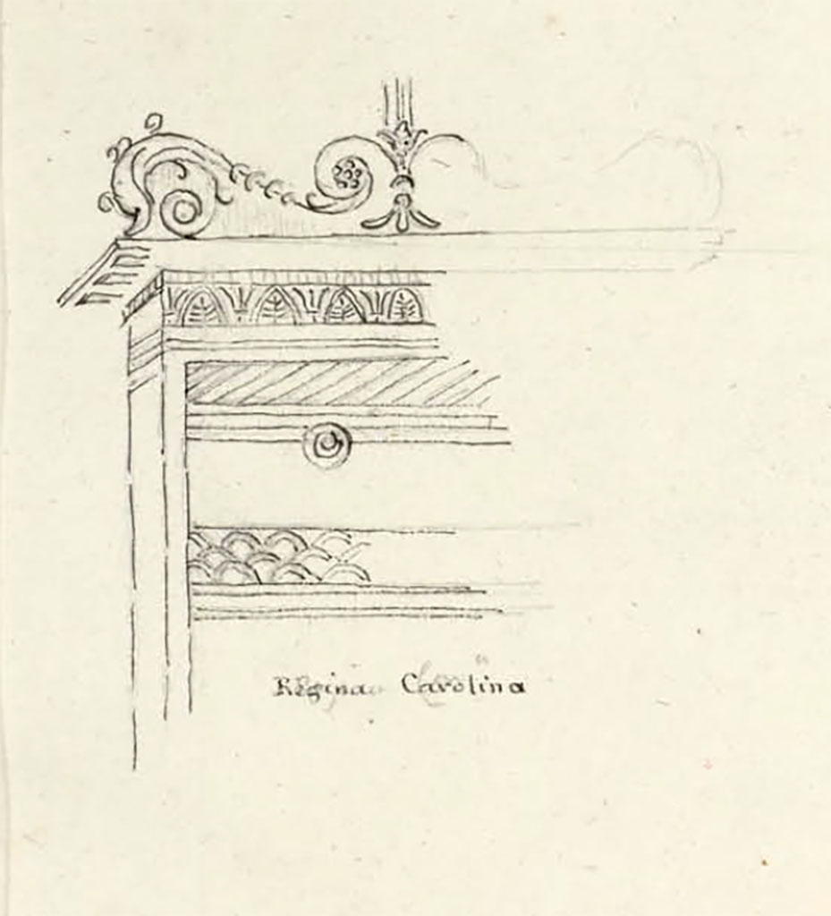 VIII.3.14 Pompeii. Between 1819 and 1832, sketch by W. Gell of decoration from this house. 
See Gell, W. Pompeii unpublished [Dessins de l'édition de 1832 donnant le résultat des fouilles post 1819 (?)] vol II, pl. 31 verso.
Bibliothèque de l'Institut National d'Histoire de l'Art, collections Jacques Doucet, Identifiant numérique Num MS180 (2).
See book in INHA Use Etalab Licence Ouverte
