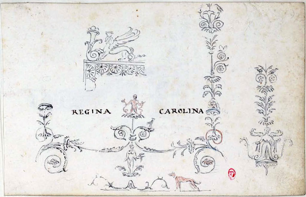VIII.3.14 Pompeii. Between 1819 and 1832, sketches by W. Gell of painted decoration. 
See Gell, W. Pompeii unpublished [Dessins de l'édition de 1832 donnant le résultat des fouilles post 1819 (?)] vol II, pl. 34.
Bibliothèque de l'Institut National d'Histoire de l'Art, collections Jacques Doucet, Identifiant numérique Num MS180 (2).
See book in INHA Use Etalab Licence Ouverte
