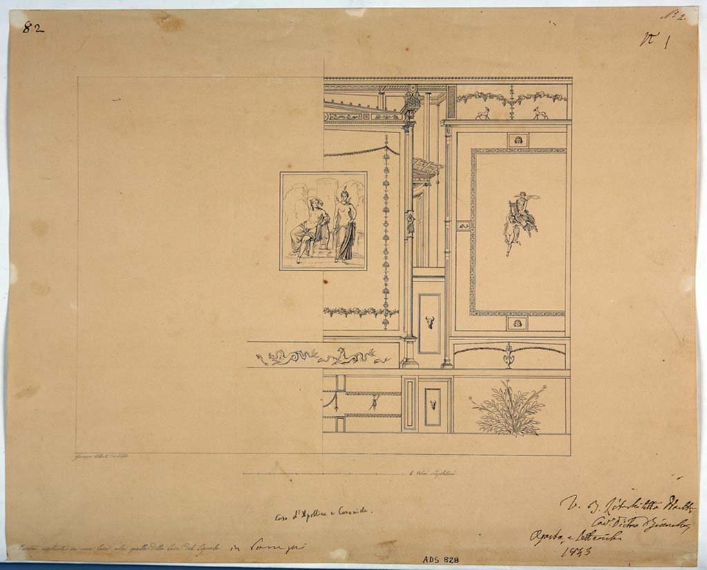 VIII.3.24 Pompeii. Drawing by Giuseppe Abbate, 1843, of part of the north wall of triclinium, a room in the south-east corner.
Now in Naples Archaeological Museum. Inventory number ADS 828.
Photo © ICCD. http://www.catalogo.beniculturali.it
Utilizzabili alle condizioni della licenza Attribuzione - Non commerciale - Condividi allo stesso modo 2.5 Italia (CC BY-NC-SA 2.5 IT)
