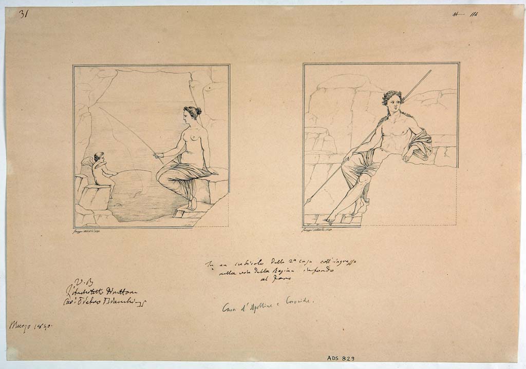 VIII.3.24 Pompeii. Drawing by Giuseppe Abbate, 1840, of paintings described as being from a cubiculum, but in fact, from the oecus of a house with entrance from the Via della Regina, at the rear of the Forum, Casa d’Apolline e Coronide.
The painting of Venus was seen on the east wall (Helbig 348) of the oecus, but now has completely disappeared.
The painting of Narcissus is still just about preserved and recognisable on the north wall of the oecus (Helbig 1341).
See Helbig, W., 1868. Wandgemälde der vom Vesuv verschütteten Städte Campaniens. Leipzig: Breitkopf und Härtel. 
Now in Naples Archaeological Museum. Inventory number ADS829.
Photo © ICCD. http://www.catalogo.beniculturali.it
Utilizzabili alle condizioni della licenza Attribuzione - Non commerciale - Condividi allo stesso modo 2.5 Italia (CC BY-NC-SA 2.5 IT)
