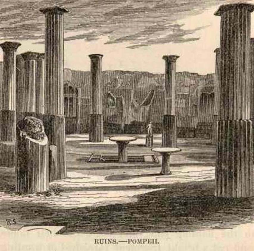 VIII.4.4 Pompeii. 1869 illustration from Mark Twain�s visit to Pompeii. Looking south from tablinum across peristyle into the exedra on the far side. See Twain M., 1869. The Innocents Abroad. San Francisco: Bancroft, Ch. XXXI.
