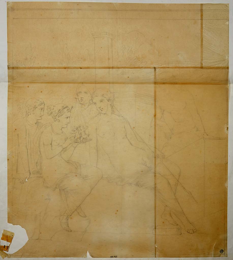 VIII.4.4 Pompeii. Drawing by Giuseppe Abbate of painting from centre of east wall of tablinum.
The painting is no longer recognisable being faded and perished.
Now in Naples Archaeological Museum. Inventory number ADS 849.
Photo � ICCD. http://www.catalogo.beniculturali.it
Utilizzabili alle condizioni della licenza Attribuzione - Non commerciale - Condividi allo stesso modo 2.5 Italia (CC BY-NC-SA 2.5 IT)
