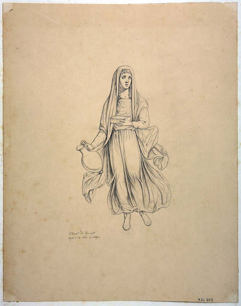 VIII.4.4 Pompeii. Drawing by Nicola La Volpe of painting seen at the north end of the east wall, a vignette of the Seasons showed �Winter� wearing a cloak.
Now in Naples Archaeological Museum. Inventory number ADS 859.
Photo � ICCD. http://www.catalogo.beniculturali.it
Utilizzabili alle condizioni della licenza Attribuzione - Non commerciale - Condividi allo stesso modo 2.5 Italia (CC BY-NC-SA 2.5 IT)
