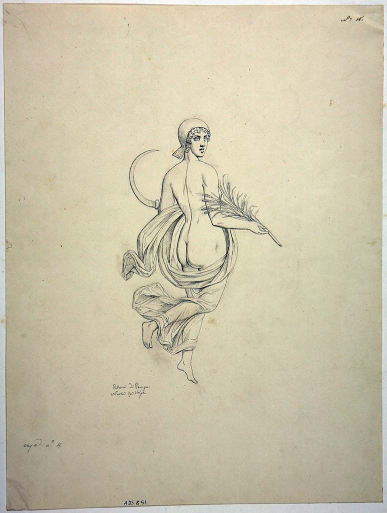 VIII.4.4 Pompeii. Drawing by Nicola La Volpe of painting of one of the �Seasons�. 
This painting representing Summer may have been seen at the south end of the west wall of the tablinum.
Now in Naples Archaeological Museum. Inventory number ADS 851.
Photo � ICCD. http://www.catalogo.beniculturali.it
Utilizzabili alle condizioni della licenza Attribuzione - Non commerciale - Condividi allo stesso modo 2.5 Italia (CC BY-NC-SA 2.5 IT)

