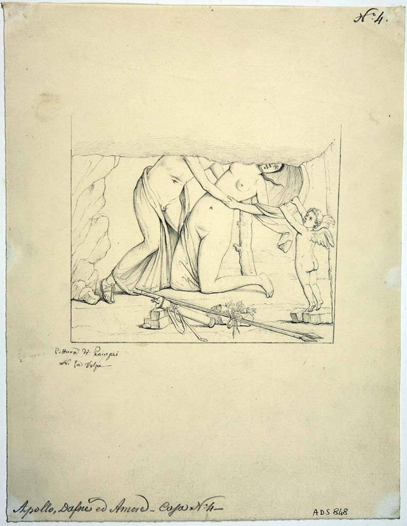 VIII.4.4 Pompeii. Room 4, east wall. Drawing by Nicola La Volpe, of painting of Apollo and Daphne from centre of east wall.
The upper half of the painting was missing when excavated.
Now in Naples Archaeological Museum. Inventory number ADS 848.
Photo © ICCD. http://www.catalogo.beniculturali.it
Utilizzabili alle condizioni della licenza Attribuzione - Non commerciale - Condividi allo stesso modo 2.5 Italia (CC BY-NC-SA 2.5 IT)
