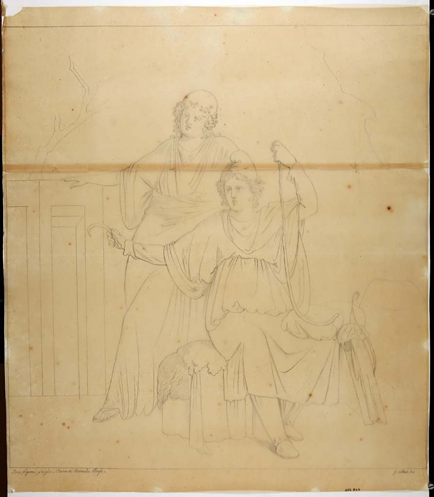 VIII.4.15 Pompeii. Room 5, oecus. 19th century copy by G. Abbate of painting of Paris seated in the company of Oenone.
See Helbig, W., 1868. Wandgemlde der vom Vesuv verschtteten Stdte Campaniens. Leipzig: Breitkopf und Hrtel, 1280.
Now in Naples Archaeological Museum. Inventory number ADS 866.
Photo  ICCD. http://www.catalogo.beniculturali.it
Utilizzabili alle condizioni della licenza Attribuzione - Non commerciale - Condividi allo stesso modo 2.5 Italia (CC BY-NC-SA 2.5 IT)

