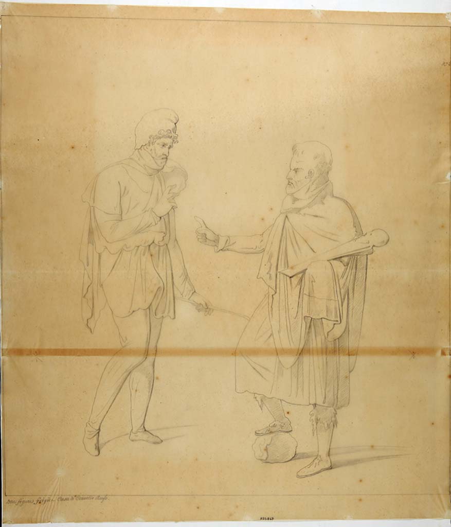 VIII.4.15 Pompeii. Room 5, oecus. 19th century copy by N. La Volpe of painting of two bearded Phrygians in conversation.
See Helbig, W., 1868. Wandgemlde der vom Vesuv verschtteten Stdte Campaniens. Leipzig: Breitkopf und Hrtel, 1398.
Now in Naples Archaeological Museum. Inventory number ADS 867.
Photo  ICCD. http://www.catalogo.beniculturali.it
Utilizzabili alle condizioni della licenza Attribuzione - Non commerciale - Condividi allo stesso modo 2.5 Italia (CC BY-NC-SA 2.5 IT)

