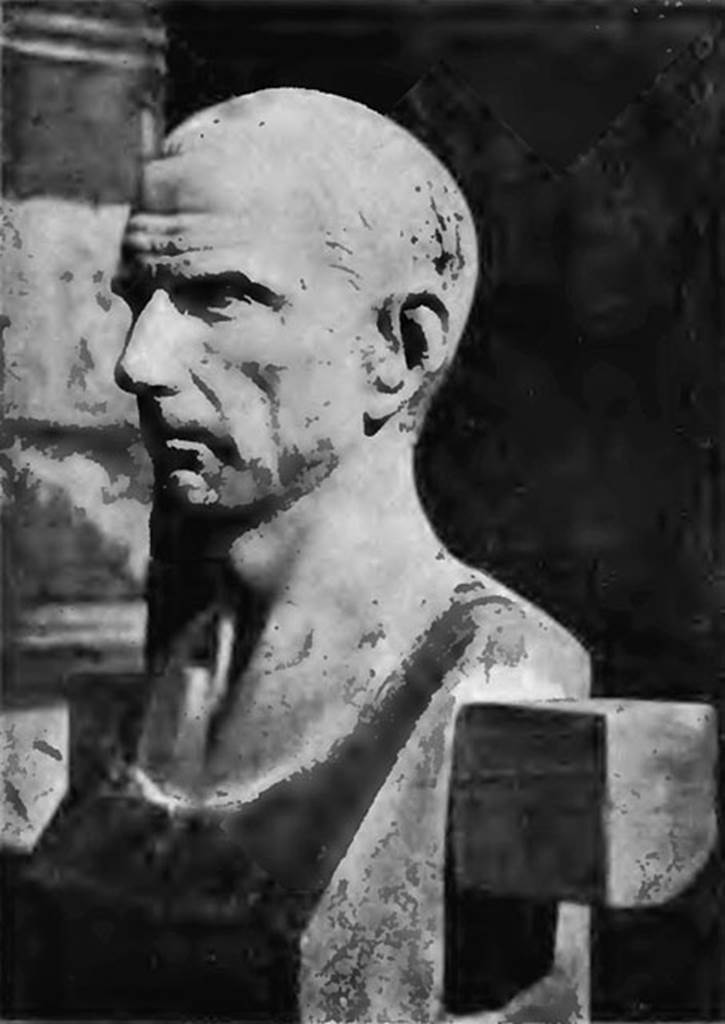 VIII.4.15 Pompeii. Old undated photo of herm of Cornelius Rufus.
The name of the owner was known from the dedication on the herm.
This herm was found in the atrium, on the left side of the tablinum, with the words C. Cornelio Rufo (C.X.864) 
See Della Corte, M., 1965.  Case ed Abitanti di Pompei. Napoli: Fausto Fiorentino. (p.238)
