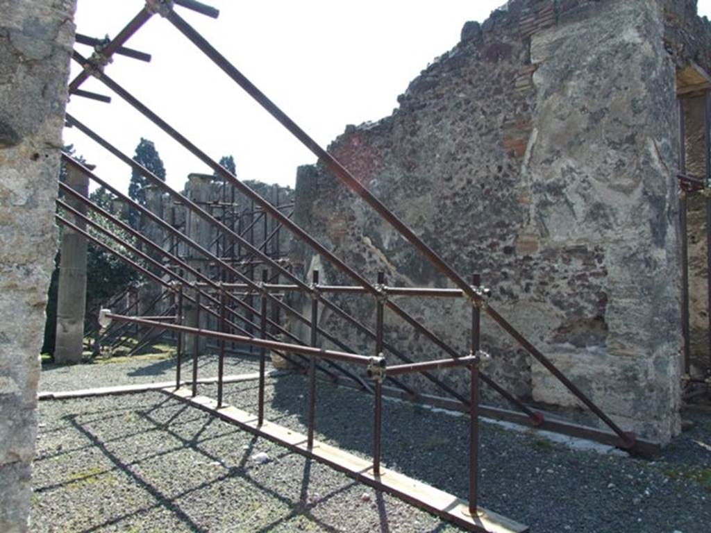 VIII.4.15 Pompeii. March 2009. Room 6, tablinum, looking south.
According to Fiorelli, when excavated the two large paintings on the walls of the tablinum had nearly vanished.
According to Helbig, they were of Sarnus with Nymphs (1018) and the second included a woman with a rudder sitting next to a hydria or water jar (1020). Today they are completely vanished.
See Helbig, W., 1868. Wandgemälde der vom Vesuv verschütteten Städte Campaniens. Leipzig: Breitkopf und Härtel.
See Pappalardo, U., 2001. La Descrizione di Pompei per Giuseppe Fiorelli (1875). Napoli: Massa Editore. (p.129)
