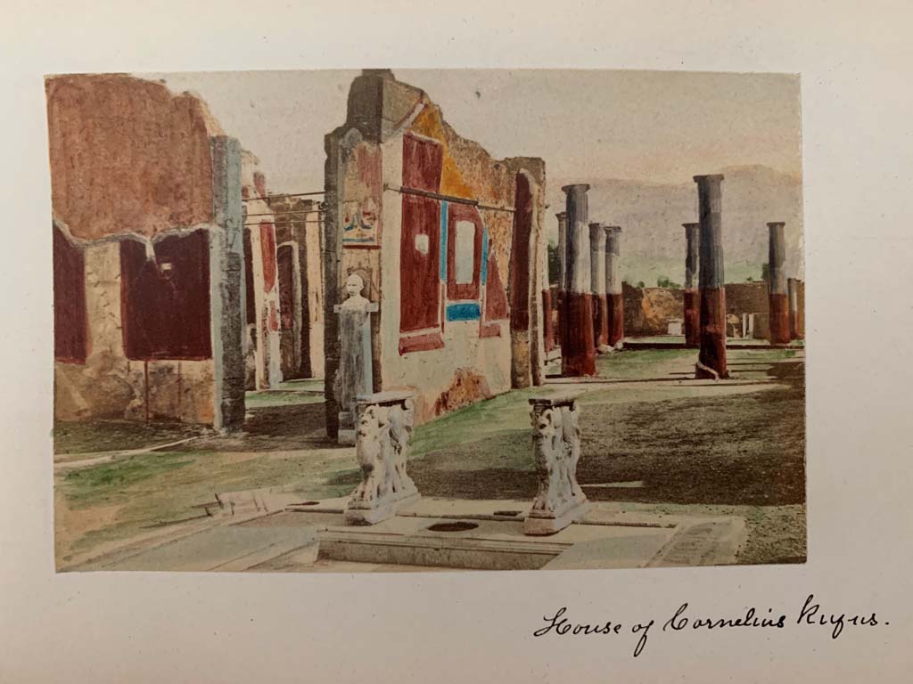 VIII.4.15 Pompeii. From a coloured album by M. Amodio, dated c.1880. 
Room 1, atrium, looking south-east across impluvium, towards east wall of tablinum. Photo courtesy of Rick Bauer.

