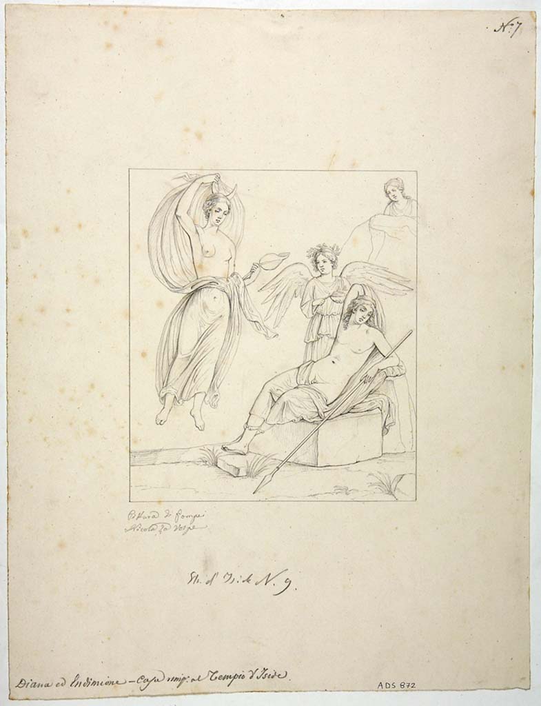 VIII.4.34 Pompeii. Drawing by Nicola La Volpe, of painting of Selene and Endymion found on west wall of cubiculum.
Endymion is sleeping under the influence of Hypnos.
Selene descends from above, crowned with a crescent moon.
Another figure watches from behind a rock.
See Helbig, W., 1868. Wandgemlde der vom Vesuv verschtteten Stdte Campaniens. Leipzig: Breitkopf und Hrtel, 956.
Now in Naples Archaeological Museum. Inventory number ADS 872.
Photo  ICCD. http://www.catalogo.beniculturali.it
Utilizzabili alle condizioni della licenza Attribuzione - Non commerciale - Condividi allo stesso modo 2.5 Italia (CC BY-NC-SA 2.5 IT)
