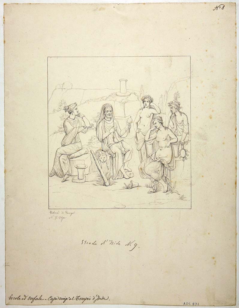 VIII.4.34 Pompeii. Drawing by Nicola La Volpe, 1862, of painting of Hercules and Omphale from centre of north wall in tablinum.
Now in Naples Archaeological Museum. Inventory number ADS 871.
Photo  ICCD. http://www.catalogo.beniculturali.it
Utilizzabili alle condizioni della licenza Attribuzione - Non commerciale - Condividi allo stesso modo 2.5 Italia (CC BY-NC-SA 2.5 IT)
