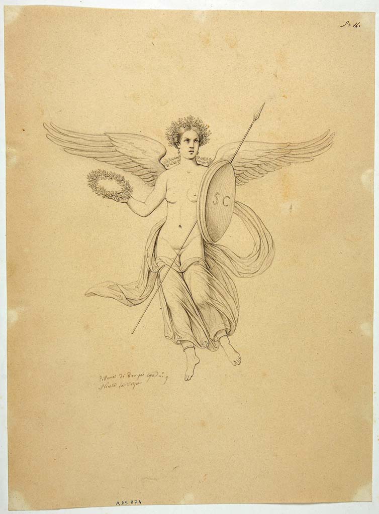 VIII.4.34 Pompeii. Drawing by Nicola La Volpe, of painting of Nike with shield and lance.
This would have been seen on a red painted side panel of the tablinum but from an unknown wall.
See Helbig, W., 1868. Wandgemlde der vom Vesuv verschtteten Stdte Campaniens. Leipzig: Breitkopf und Hrtel, (910).
Now in Naples Archaeological Museum. Inventory number ADS 874.
Photo  ICCD. http://www.catalogo.beniculturali.it
Utilizzabili alle condizioni della licenza Attribuzione - Non commerciale - Condividi allo stesso modo 2.5 Italia (CC BY-NC-SA 2.5 IT)
