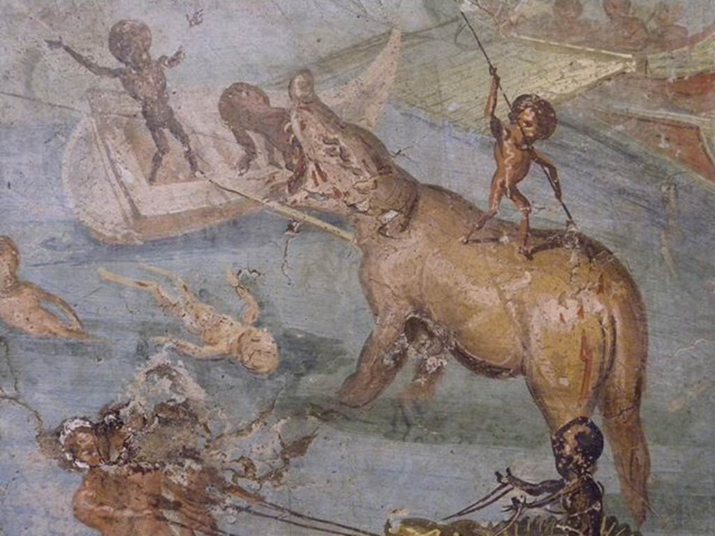 VIII.5.24 Pompeii. Detail from a wall painting of Pygmies in a Nile Scene. From a low wall connecting peristyle columns in VIII.5.24.  
Now in Naples Archaeological Museum. Inventory number 113195.
