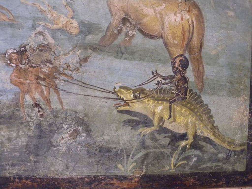VIII.5.24 Pompeii. Detail from a wall painting of Pygmies in a Nile Scene. From a low wall connecting peristyle columns in VIII.5.24.  
Now in Naples Archaeological Museum. Inventory number 113195.
