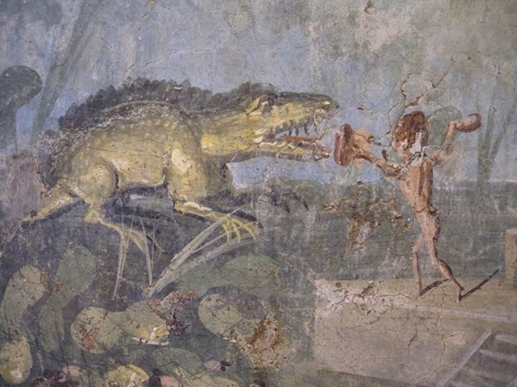 VIII.5.24 Pompeii. Detail from a wall painting of Pygmies in a Nile Scene. From a low wall connecting peristyle columns in VIII.5.24.  
Now in Naples Archaeological Museum. Inventory number 113195.
