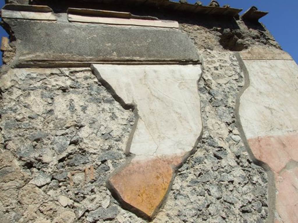 VIII.5.28 Pompeii. March 2009. Room 3, cubiculum. Upper north wall, remains of painted plaster.
At the top of the wall the remains of a smooth stucco band (I Style) was preserved, which could have dated back to a Samnite house. 
