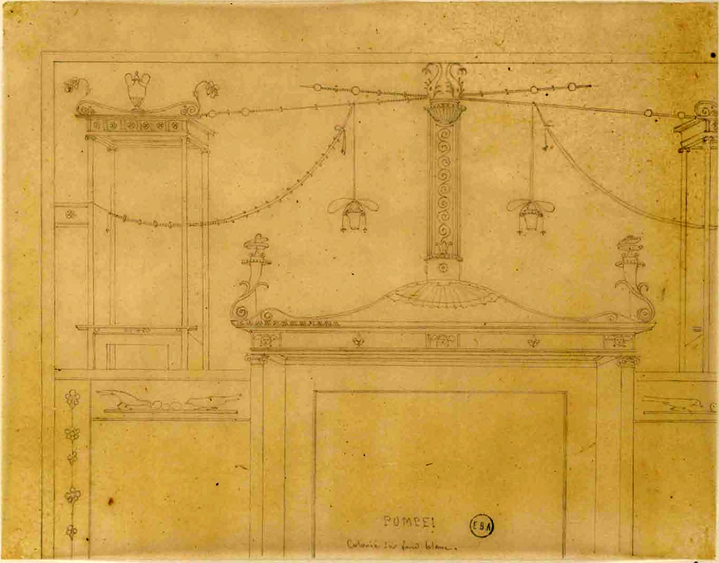 VIII.5.28 Pompeii. c.1830. Room 3, drawing by Lesueur of detail of upper wall of a cubiculum.
On the sketch is a note "Colorie sur fond blanc".
See Lesueur, Jean-Baptiste Ciceron. Voyage en Italie de Jean-Baptiste Ciceron Lesueur (1794-1883), pl. 92.
See Book on INHA reference INHA NUM PC 15469 (04)  « Licence Ouverte / Open Licence » Etalab
