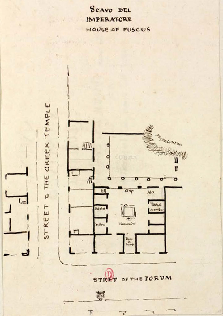VIII.5.28 Pompeii. Between 1819 and 1832, sketch by W. Gell of layout of the excavated part of the house.
See Gell, W. Pompeii unpublished [Dessins de l'édition de 1832 donnant le résultat des fouilles post 1819 (?)] vol II, pl. 47.
Bibliothèque de l'Institut National d'Histoire de l'Art, collections Jacques Doucet, Identifiant numérique Num MS180 (2).
See book in INHA Use Etalab Licence Ouverte
