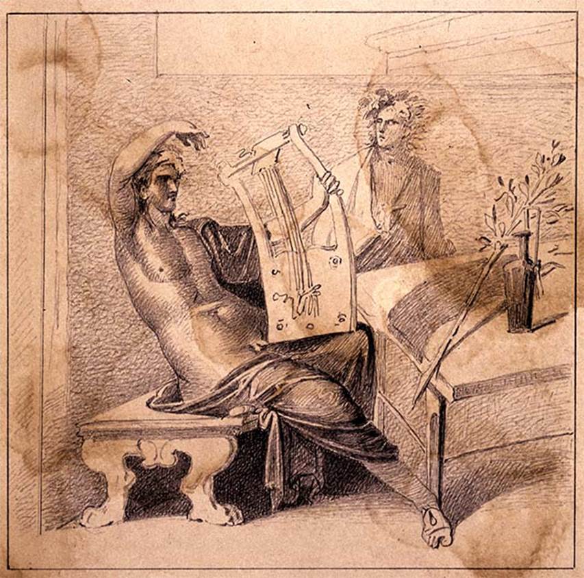 VIII.5.37 Pompeii. Room 13, oecus, centre of the north wall. Copy by Discanno of wall painting of Apollo Citarista and Muse,
DAIR 83.199. Photo © Deutsches Archäologisches Institut, Abteilung Rom, Arkiv. 

