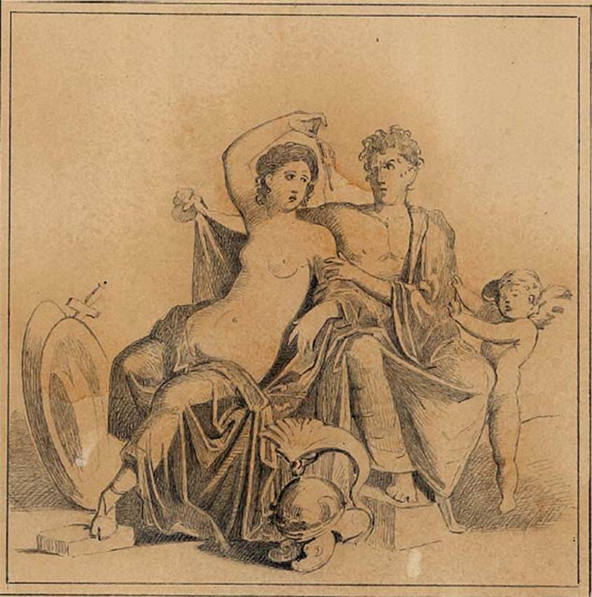 VIII.5.37 Pompeii. Room 14, oecus, centre of north wall. Drawing by Discanno of wall painting of Mars and Venus.  
DAIR 83.196. Photo © Deutsches Archäologisches Institut, Abteilung Rom, Arkiv. 

