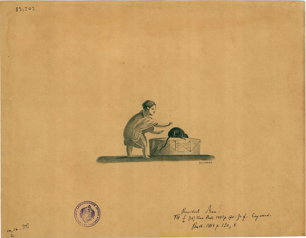 VIII.5.39 Pompeii. Room 5, east wall, right of entrance, of triclinium. Drawing by G. Discanno of boy and mouse or rat that is trying to get into the basket.
DAIR 83.202. Photo © Deutsches Archäologisches Institut, Abteilung Rom, Arkiv.
See Schefold, K., 1957. Die Wände Pompejis. Berlin: De Gruyter, p. 229, room f.