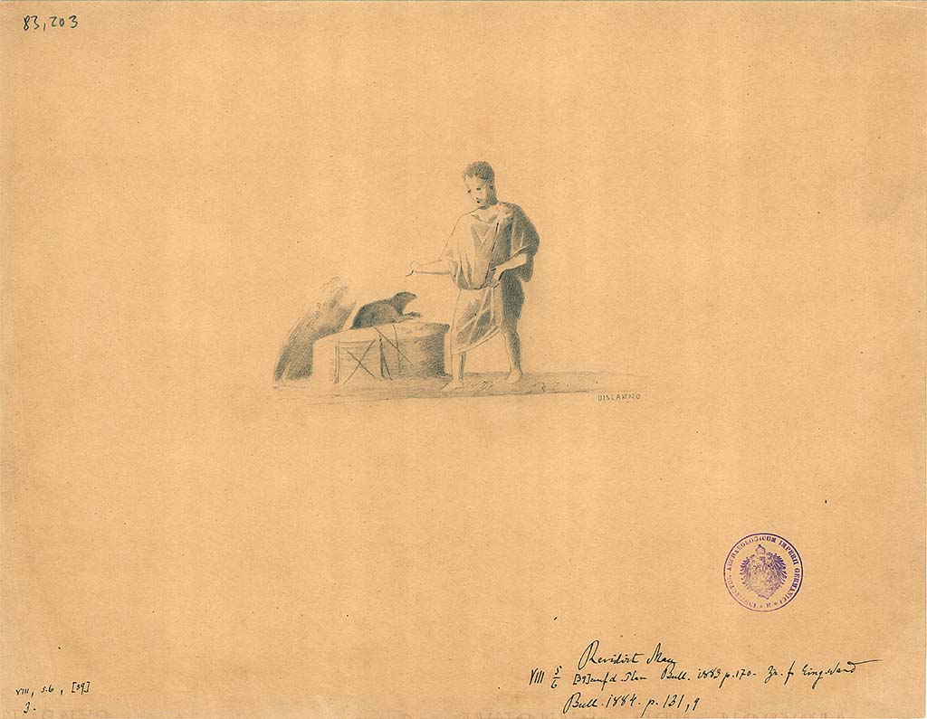 VIII.5.39 Pompeii. Room 5, east wall, left of entrance, of triclinium. Drawing by G. Discanno of boy surprised by the mouse or rat coming out of the basket.
DAIR 83.203. Photo © Deutsches Archäologisches Institut, Abteilung Rom, Arkiv.
See Schefold, K., 1957. Die Wände Pompejis. Berlin: De Gruyter, p. 229, room f.