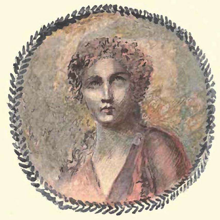 VIII.5.39, Pompeii. Painting of the head of a young girl in medallion, probably from the triclinium, by Pierre Gusman.
See Gusman, P. (1900). Pompei, the city, its life and art. London, William Heinemann. (pl.6).