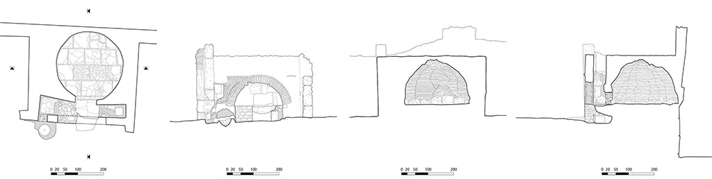 Fig. 23 – Pompéi, boulangerie VIII 6, 1.9-11 – Plan, façade et coupes du four.
Relevé / dessin : S. Mencarelli /EFR.