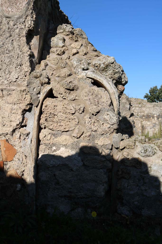 VIII.6.3, Pompeii. December 2018. 
Remains on north wall of room with a podium, perhaps a shop, found near the roadway to the east of “room f”, on plan below. 
Photo courtesy of Aude Durand.
