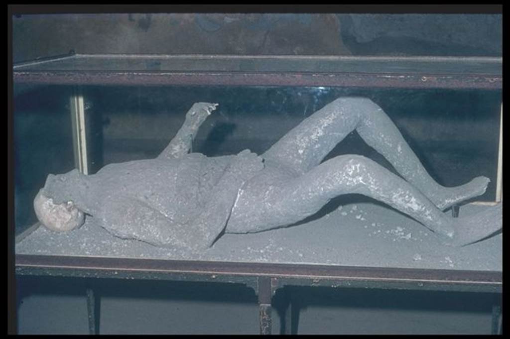 VIII.6.6 Pompeii. Plaster cast of body, identified as body number 12, recovered on 28th December 1882. This is now on display in the Macellum at VII.9.7. The location was given as south-west corner of the garden in VIII.6.5 (? VIII.6.6). He was found four metres above the ground level, on top of the lapilli. He was carrying two keys. See Dwyer, E., 2010. Pompeii’s Living Statues. Univ. of Michigan Press: (p.103)
Garcia y Garcia gives the plaster cast number as 16. See Garcia y Garcia, L., 2006. Danni di guerra a Pompei. Rome: L’Erma di Bretschneider. (p.194)
Photographed 1970-79 by Günther Einhorn, picture courtesy of his son Ralf Einhorn.