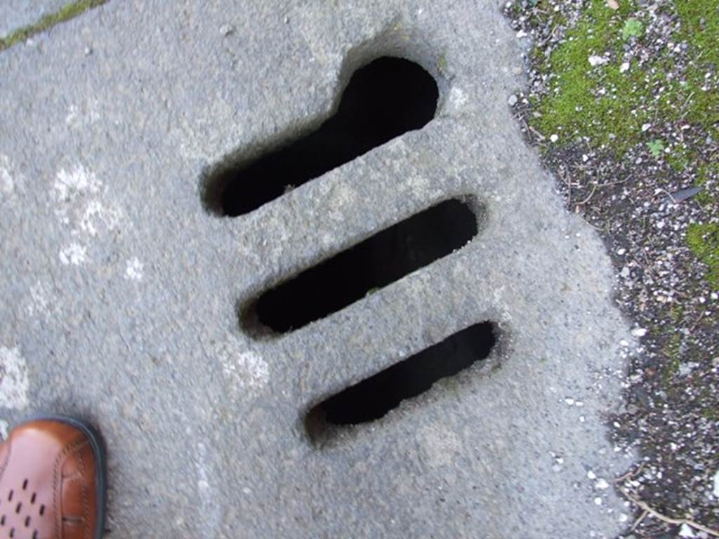 VIII.6.6 Pompeii. March 2009. Drain in pavement outside entrance.
