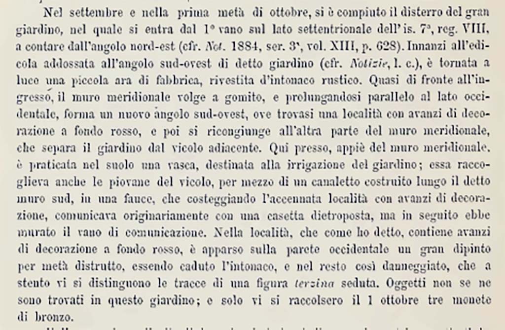 The same information as above but a more readable copy.
Notizie degli Scavi, September/October/November 1884, Memorie, Ser. 4, Vol. I, 1885, p.110.