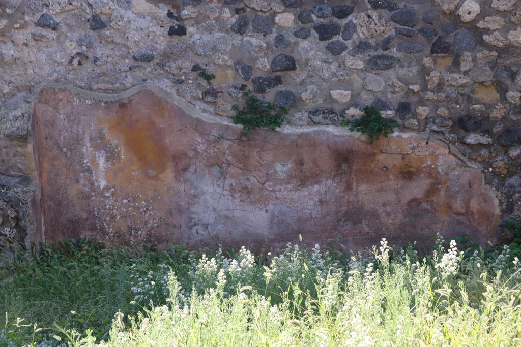 VIII.6.7 Pompeii. October 2022. 
Detail of remaining painted decoration from south wall in south-east corner. Photo courtesy of Klaus Heese. 
