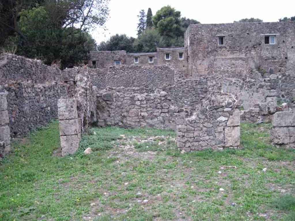 VIII.7.8 Pompeii. September 2010. 
Looking west across the front room of the workshop towards corridor, tablinum and cubiculum, from entrance. Photo courtesy of Drew Baker.
According to Mau – this large (front) room was 7.30 x 8.40.
See Mau in BdI, 1875, (p. 165).
In 2007, just inside the threshold of the shop entrance, a tank and two 6.5m length by 2.7m width and 1.5m depth vaulted cisterns.
One cistern ran north to south along the entire length of the front room.
The other cistern ran east to west along the south wall and was connected to the first.
The remains of a drain were also excavated.
The excavation report proposes the question what was such a massive water supply needed or used for?
See http://www.fastionline.org/docs/FOLDER-it-2008-112.pdf .

