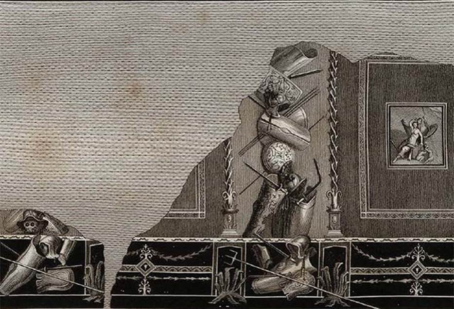 VIII.7.16 Pompeii. Paintings found on the east and west walls of the exedra at the centre of the south side of the portico on 14th February 1767. 
The choice of depicting the weapons was evidently determined by the function that the entire portico had in the last decades of the city's life, that of Ludus gladiatorius, the gym and residence of the gladiators, as is also documented by the numerous graffiti read on the plaster of its rooms and its columns and above all from the discovery of numerous splendid bronze weapons inside.
Shown on the walls in this room were mythological paintings, different weapons used by gladiators and a military trophy.
On the right in this painting, Mars and Venus with two cupids playing with a helmet, are shown in the panel.
Engraving by Filippo Morghen published in 1838.
See Gli ornati delle pareti ed i pavimenti delle stanze dell'antica Pompei incisi in rame: 1838, pl. 53.
Morghen has reproduced the details of the two short walls, putting them together as if they were contiguous, and replaces the original indistinct mythological picture with figures of Mars with a staff and Venus fully draped.
The parts with figurative elements were detached from the walls and are now in Naples Archaeological Museum.
Two that have recently been restored are, inventory numbers 9694, gladiatorial arms (left in this painting) and 9702, trophy and arms (centre right).
See Sampaolo V.,  Frammenti di affreschi con armi gladiatorie in Restituzione: Tesori d’arte restaurati 2013, p. 103.
