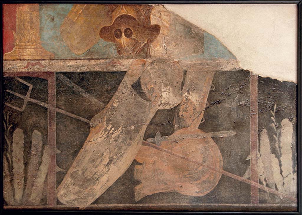 VIII.7.16 Pompeii. Wall of the exedra. Painting of various arms used by gladiators.
This is the smaller fresco, 87cm high by 126 cm wide.
Now in Naples Archaeological Museum. Inventory number 9694.
See Sampaolo V., Frammenti di affreschi con armi gladiatorie in Restituzione: Tesori d’arte restaurati 2013, p. 103. Creative Commons Attribuzione - Non commerciale - Non opere derivate 2.5 Generico CC BY-NC-ND- 2.5
