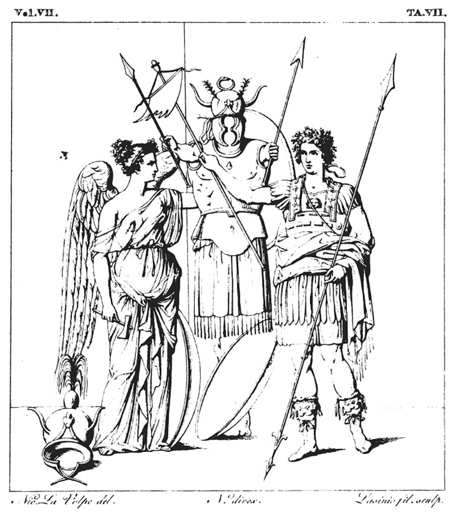 Pompeii, Herculaneum or Villa San Marco, Stabia? Drawing of painting by La Volpe of Vittoria, tropaion and victorious warrior.
According to RMB, this is described as –
“ ………… One of these is precisely the painting of a plaster found in the excavations of Herculaneum, and specifically in Civita one of its nearby neighbours; 
a painting that we have exactly outlined in this table. ………..
When this beautiful painting came out of the excavations it was drawn and engraved by our Herculaneum Academics, who rendered it for public reason in Volume III of the Paintings table XXXIX, to the explanation of which we leave those readers who desire greater knowledge.”
See Real Museo Borbonici, Vol. 7, 1831, Tav. VII. (Antico dipinto Ercolanese).

(“......... Uno di questi ci presenta per l’appunto il dipinto di un intonaco rinvenuto nelle scavazioni di Ercolano, e propriamente in Civita una delle sue adjacenze; dipinto che abbiamo fatto esattamente delineare in questa tavola. ..........
Allorché questo bel dipinto venne fuori dagli Scavi fu fatto disegnare ed incidere da' nostri Accademici Ercolanesi, i quali lo reser di pubblica ragione nel Tomo III delle Pitture tavola XXXIX, alla spiegazione della quale rimettiamo que’ lettori che han vaghezza di maggiore erudizione.”)
Vedi Real Museo Borbonici, Vol. 7, 1831, Tav. VII. (Antico dipinto Ercolanese).
