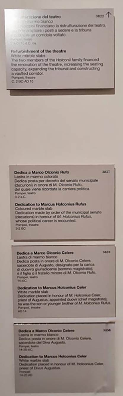 VIII.7.20 Pompeii. April 2023. 
Descriptive notice-cards in “Campania Romana” gallery.
Photo courtesy of Giuseppe Ciaramella.
