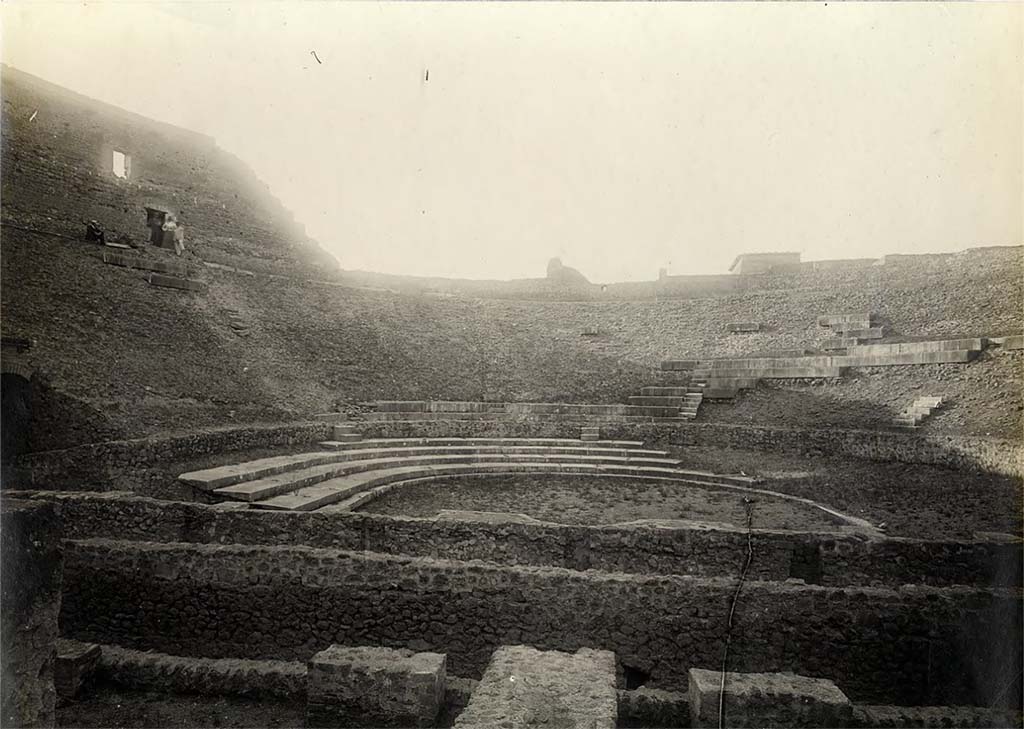 VIII.7.20 Pompeii. 1898. Photo by Peter Paul Mackey. Large theatre looking north from stage.
Photo courtesy of British School at Rome Digital Collections.
See http://www.bsrdigitalcollections.it/islandora/object/MACKEY:406
