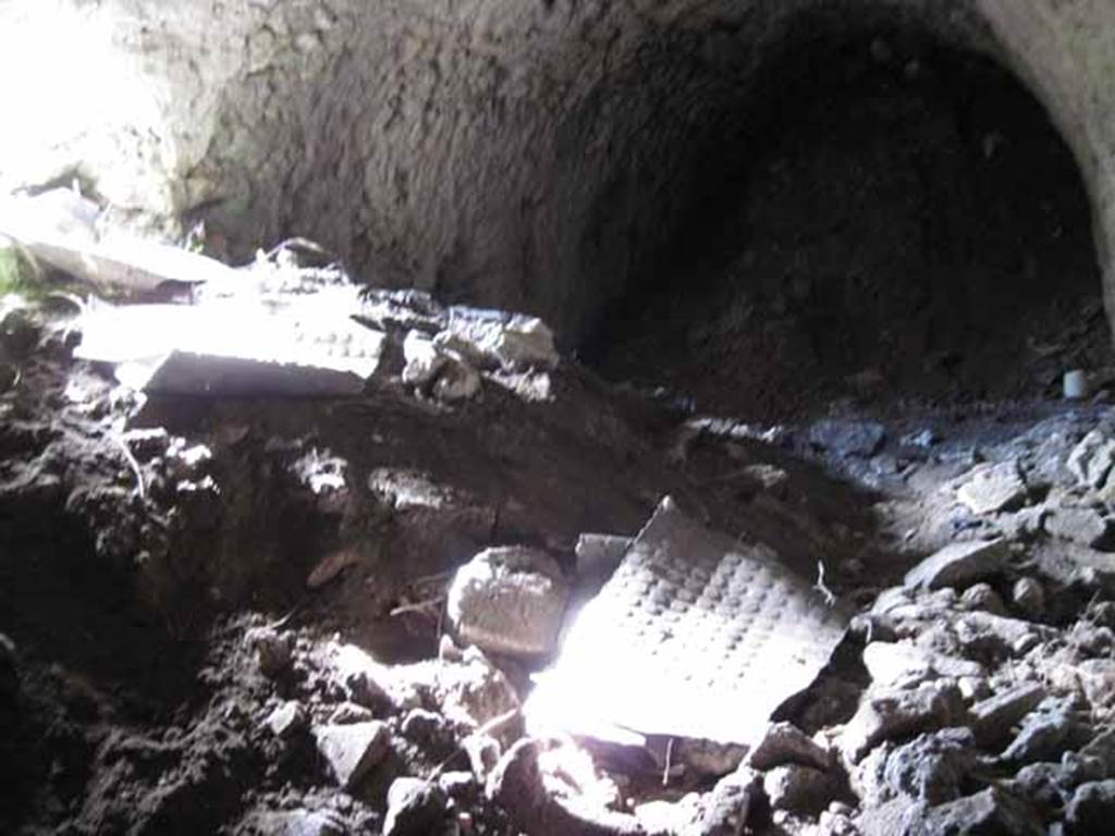 VIII.7.22/23/24 Pompeii. October 2010. Looking west towards rear of room F.  Note opening from upper level, on the left. Photo and information courtesy of Drew Baker/Gareth Beale/Hembo Pagi.

