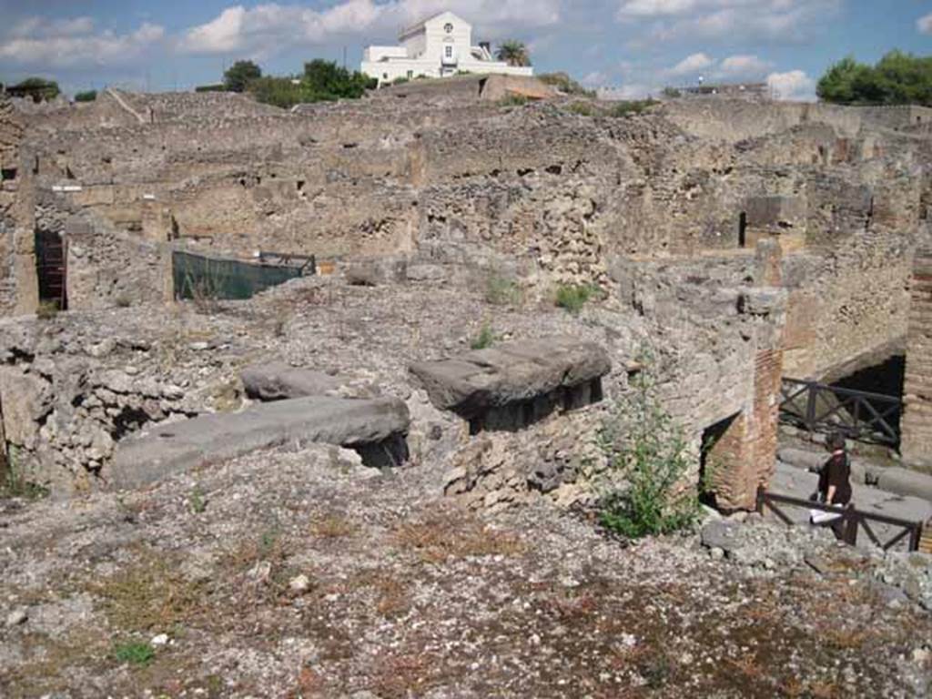 VIII.7.24 Pompeii. September 2010. Looking north-east across northern portico of garden, towards Via Stabiana and Casina dellAquila, on the skyline. Photo courtesy of Drew Baker.
