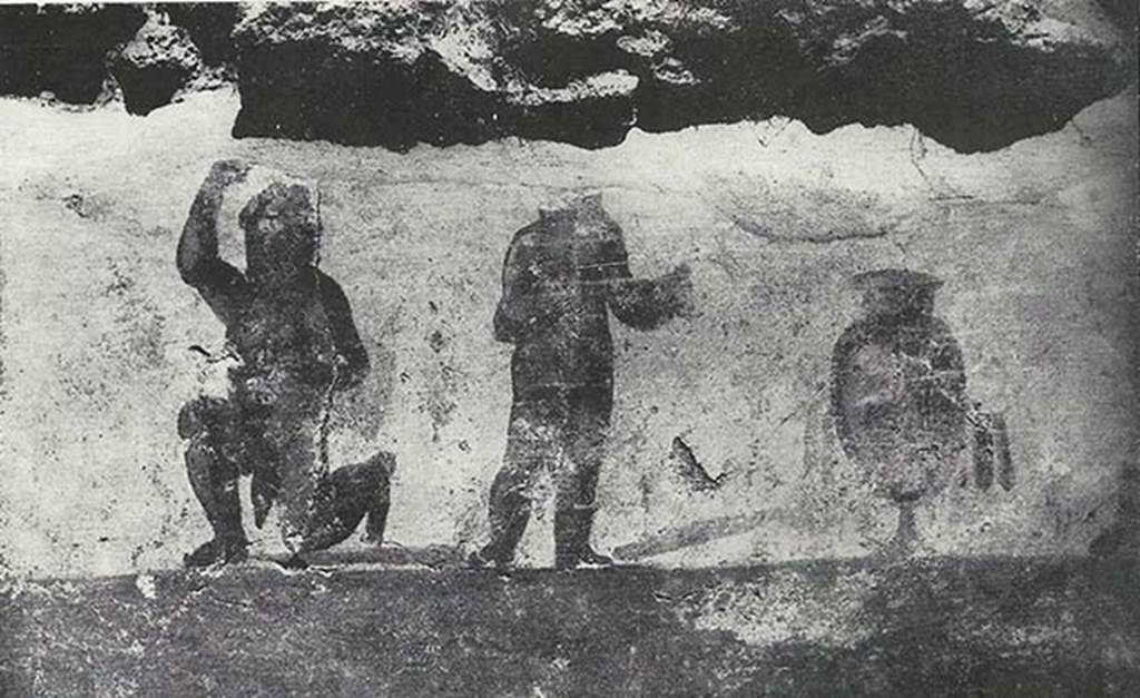 VIII.7.24 Pompeii. 1955. Fragment of Nilotic painting in peristyle. East wall. Left side of scene in the palestra.
See Maiuri A., 1955. Una Nuova Pittura Nilotica a Pompei. Roma: Acc. Naz dei Lincei, Tav. VII, 1.
