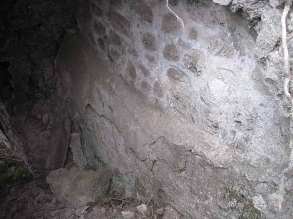 VIII.7.22/23/24 Pompeii. October 2010. West wall of corridor A, opposite room B the first vaulted room on the east side. Looking south. 
(GB notes that this has a curve responding to that of room B, the vaulted room on the east side. It looks like the water tank has been cut through to provide the access corridor to the northern rooms and room B has been retanked on its west wall.) Photo and information courtesy of Drew Baker/Gareth Beale/Hembo Pagi.

