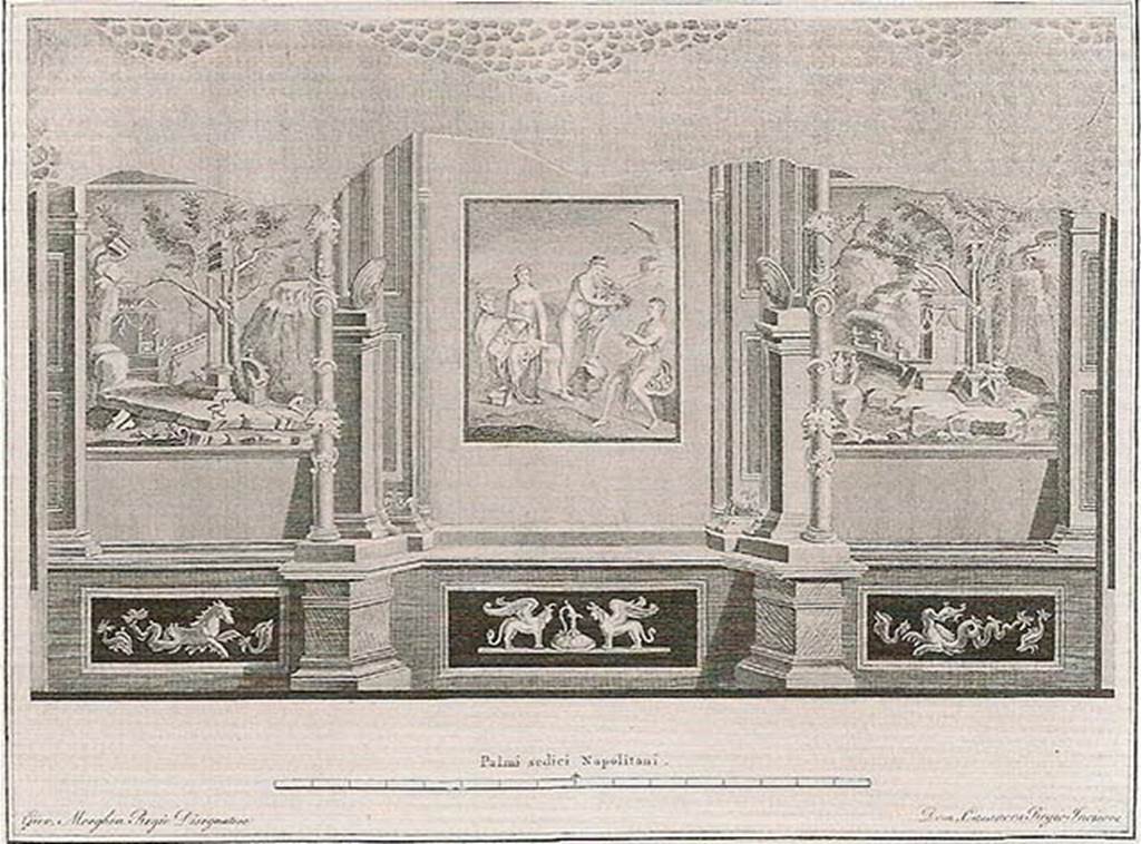 VIII.7.28 Pompeii. Old painting of north wall of the Ekklesiasterion by Giovanni Elia Morghen, engraved by Domenico Casanova. 
In the centre is the painting of Io, Argo and Hermes.
At the sides are views of shrines in rocky landscapes that recall those of Upper Egypt.
According to ICCD this may have been produced for a volume of the Antichit di Ercolano.
The copper plates for this are now in Naples Archaeological Museum. Inventory number 351731.
